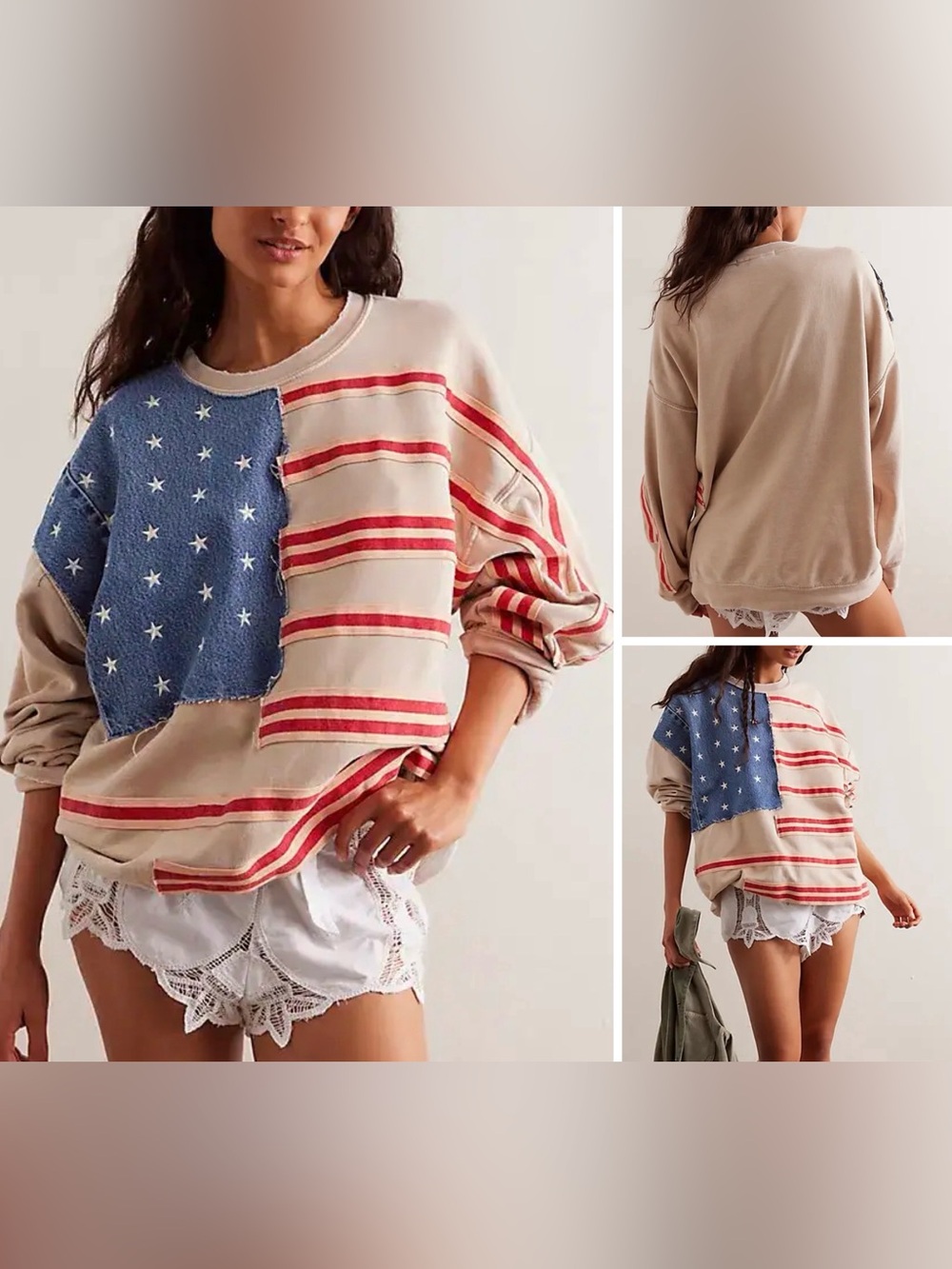 NWT Free People x Tricia Fix Beige Flag Sweatshirt